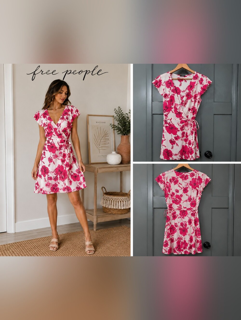 Free People We The Free Floral True Wrap Dress Red White Flutter Sleeve Size M